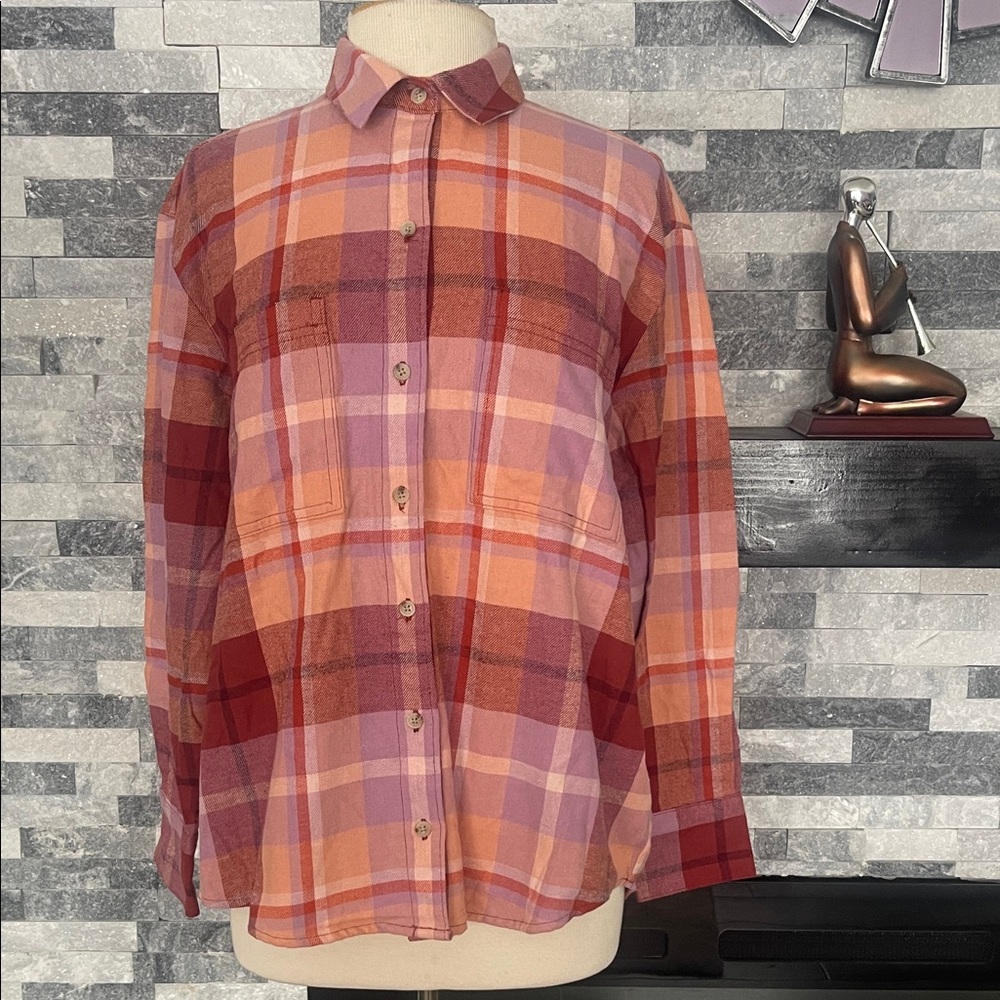 Old Navy Rusty Red Peach Lilac Orange Purple Plaid Cotton Flannel Shirt  M